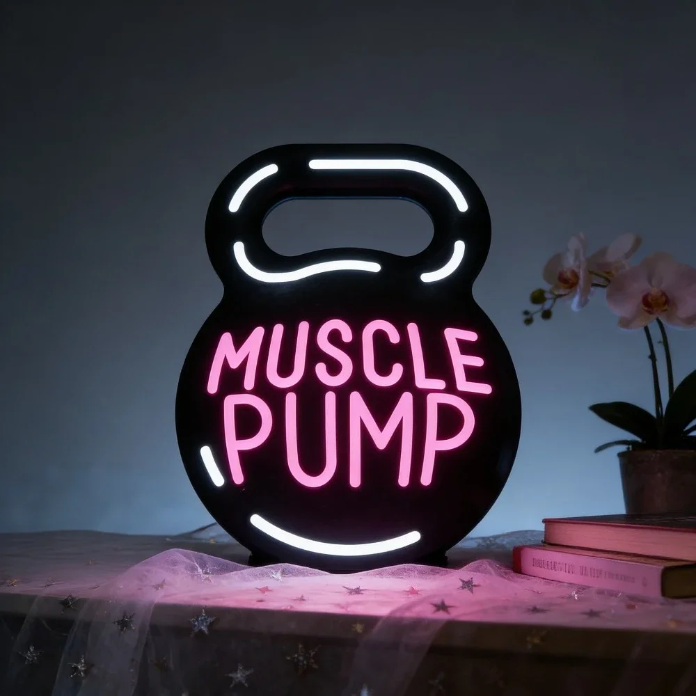 Muscle Pump Kettlebell Neon Sign LED Wall Art Lighting Fitness Gym Decor for Garage Sports Room Workout Motivation Sign Gift