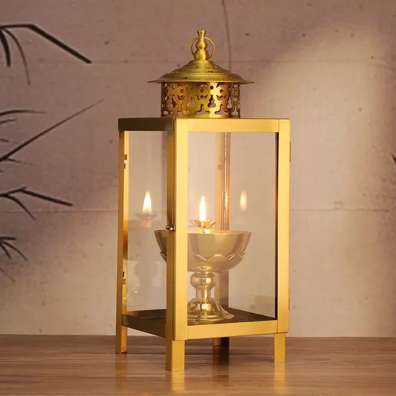 Pure Copper Oil Cup Four-sided Windproof Butter Seat Household Buddha Front Length Offering Lamp Religious Decor