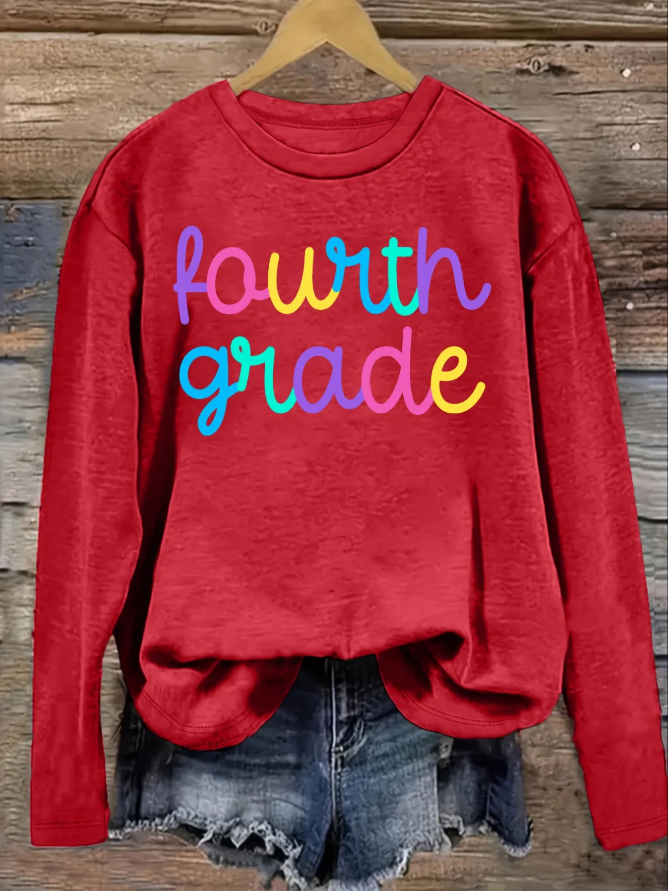 Women's Casual Long Sleeve Crew Neck T-Shirt Fourth Grade Rainbow Text Print Design, Round Neck Women's Clothing, Machine Washable, Slightly Elastic, Loose Fit, Spring Autumn Winter Women's T-Shirt, Halloween Costume Outfit view 4
