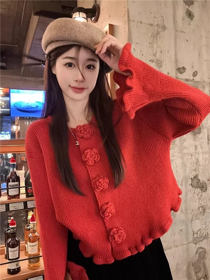 3D Flowers Cardigan Women Soft Thicker Ruffles Ruched Solid Loose Flare Sleeve Knitting Sweaters Sweet Girls Design Stylish