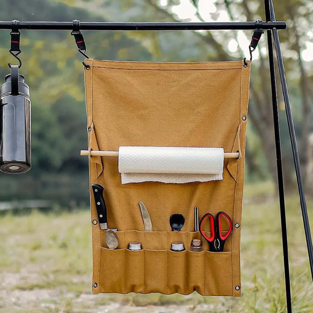 

Camping Tableware Storage Bag Multi Pocket Canvas Portable Towel Storage Rack Outdoor Hiking BBQ Cutlery Hanging Holder