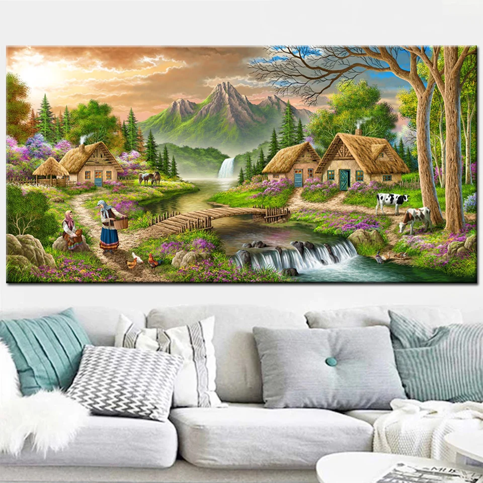 Cottage River Mountain Landscape Large Diamond Painting 5D Diy Square Round Drill Mosaic Embroidery Sale Waterfall Cow