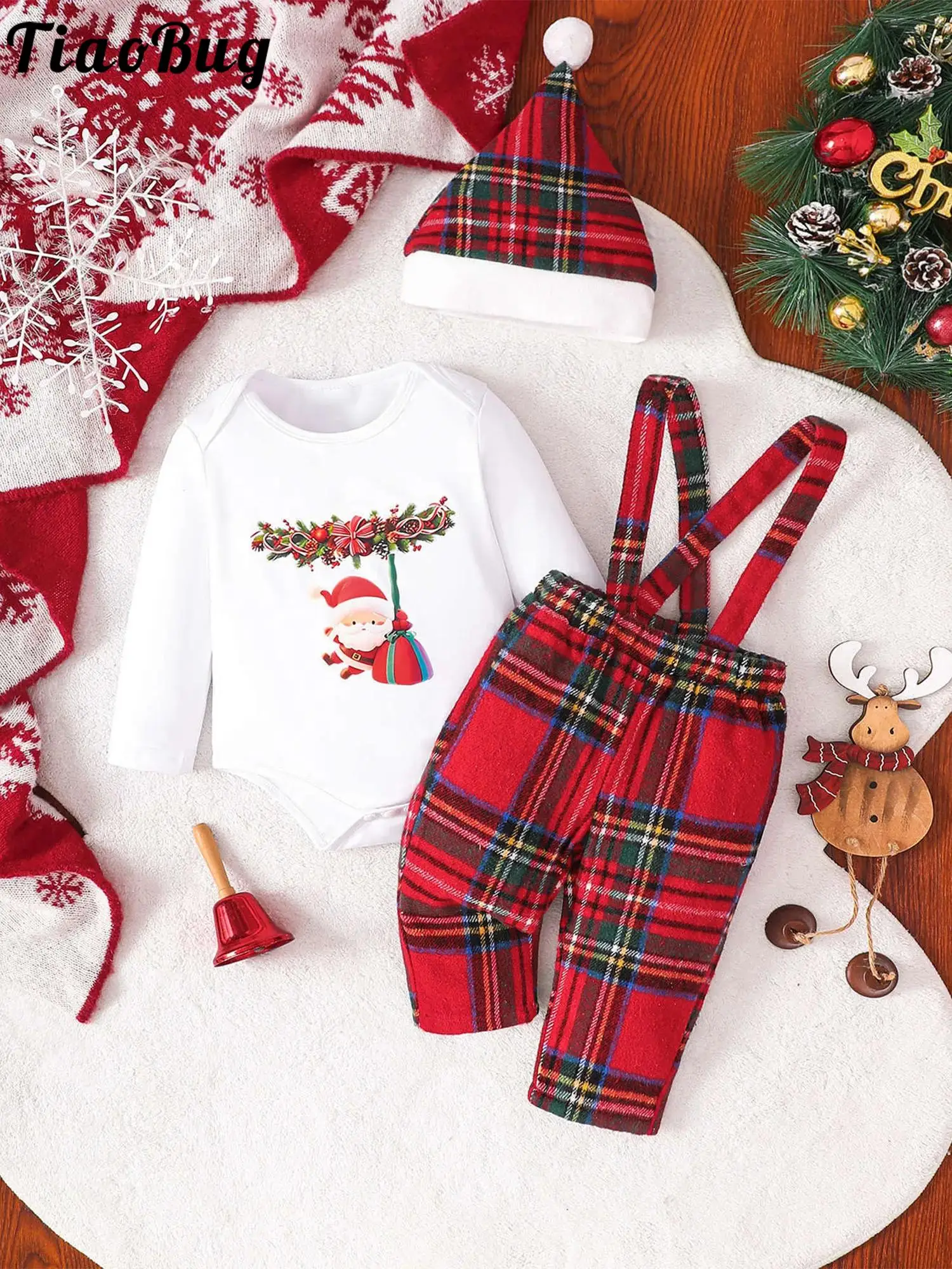

Newborn Baby Christmas Outfits Long Sleeve Santa Claus Print Romper with Plaid Overalls Hat New Year Party Boys Girls Clothes