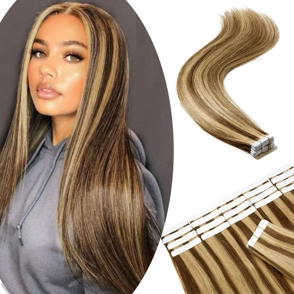 Tape in Hair Extensions #P4/27 Ombre Chocolate Brown to Caramel Blonde Remy Human Hair Extensions Straight Extensions Tape in