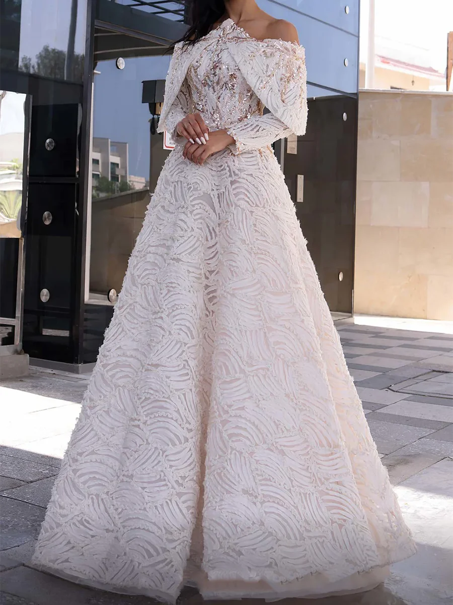 

Luxury Off Shoulder Beads Applique Full Sleeve Lace A-Line Formal Evening Dresses Birthday Party Prom Gowns Customized