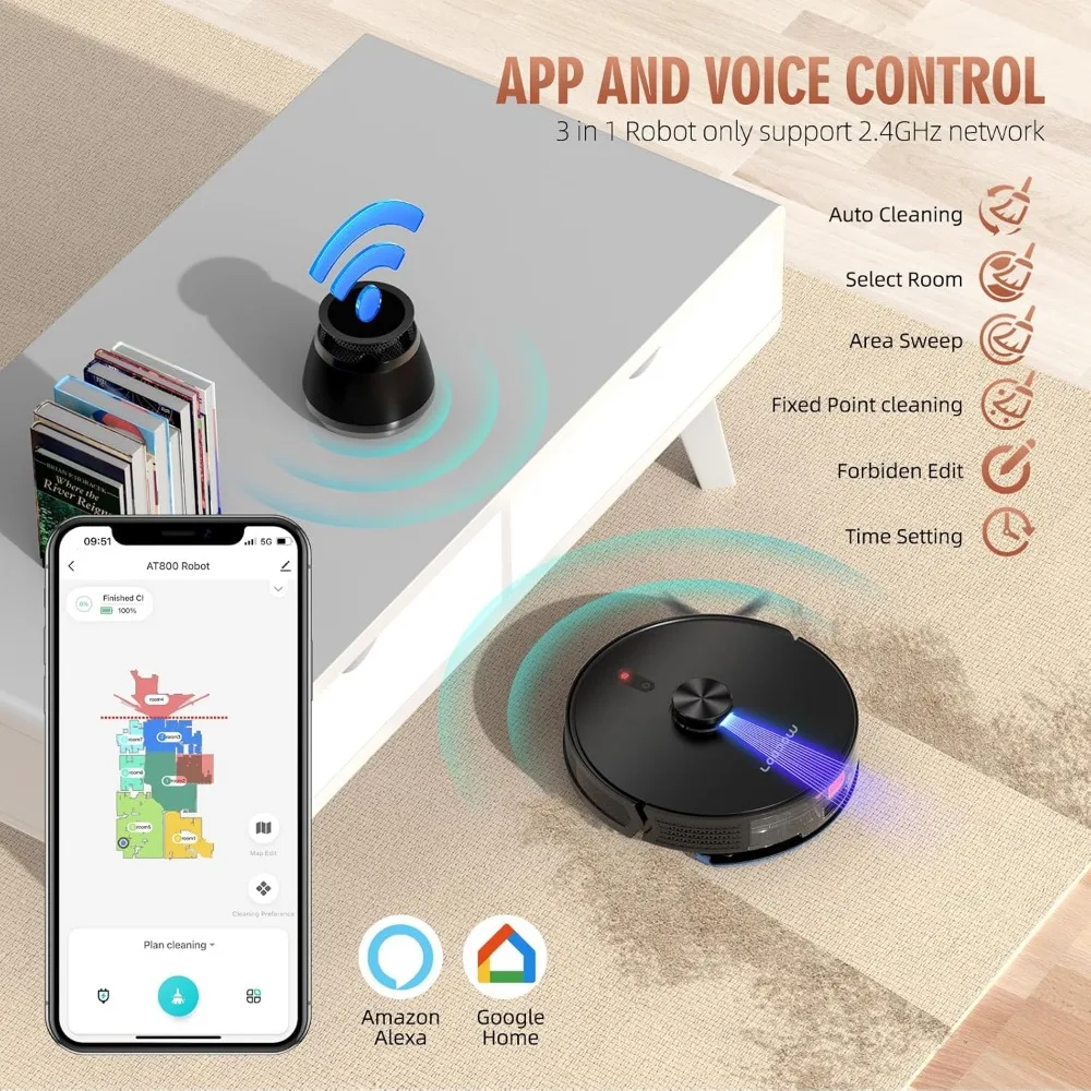 مجموعة مكنسة كهربائية وممسحة روبوت 3 في 1، ملاحة LiDAR، WiFi/App/Alexa كيس غبار قابل للاستبدال ذاتي الشحن