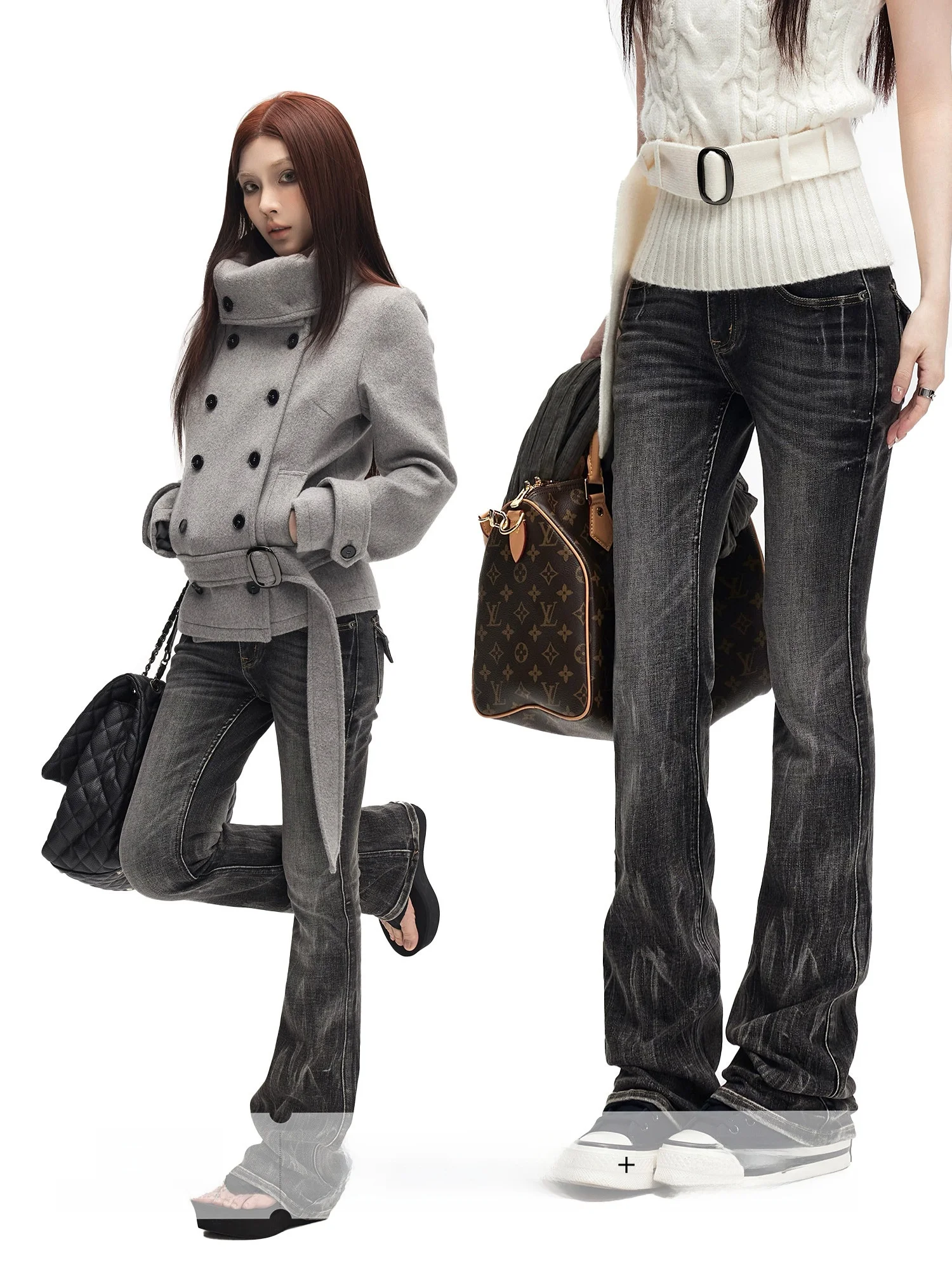 

Retro Low Waist adual Color Women's Bell Bot Jeans Heavy Industry Claw Waed Cotton Zipper Fly Spring Autumn Winter