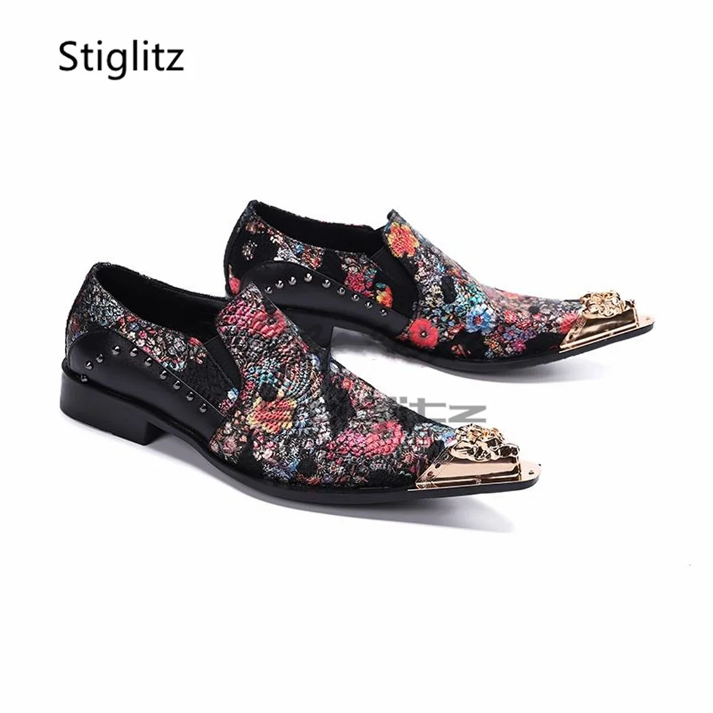 Men's Mixed Colors Business Dress Shoes Metal Pointy Toe Slip-On Casual Genuine Leather Loafers Gentleman Party Male Shoes
