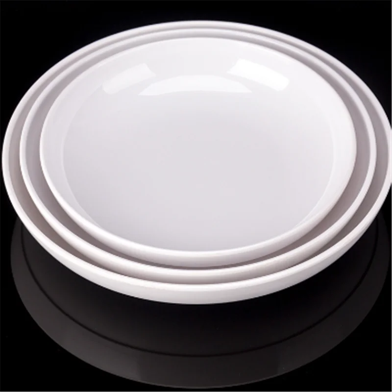 

Deep Round Melamine Dinner Plates White Hotel Serving Tray Table Dishes Imitation Porcelain Dishes to Eat Kitchen Dining Sets