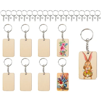 30pcs Wood Keychains Blanks Rectangle Wooden Ornaments Blank Key Ring Jump Rings for DIY…