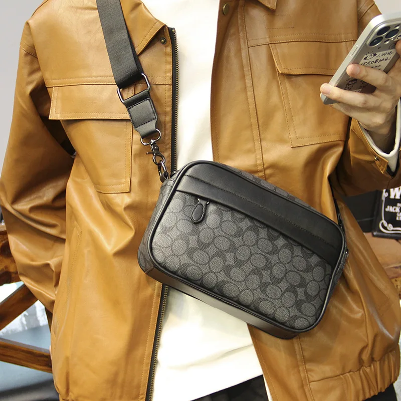 

New Trendy Men's Casual Checkered Crossbody Bag Japanese/Korean Leather Sports Satchel Fashion Square Backpack