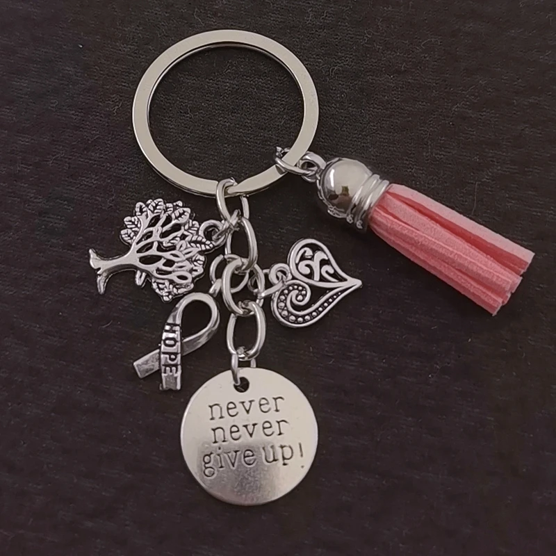 New Arrival Breast Cancer Awareness Pink Ribbon Tassel Keychains Keyring heart life tree never give up charms key chain Jewelry