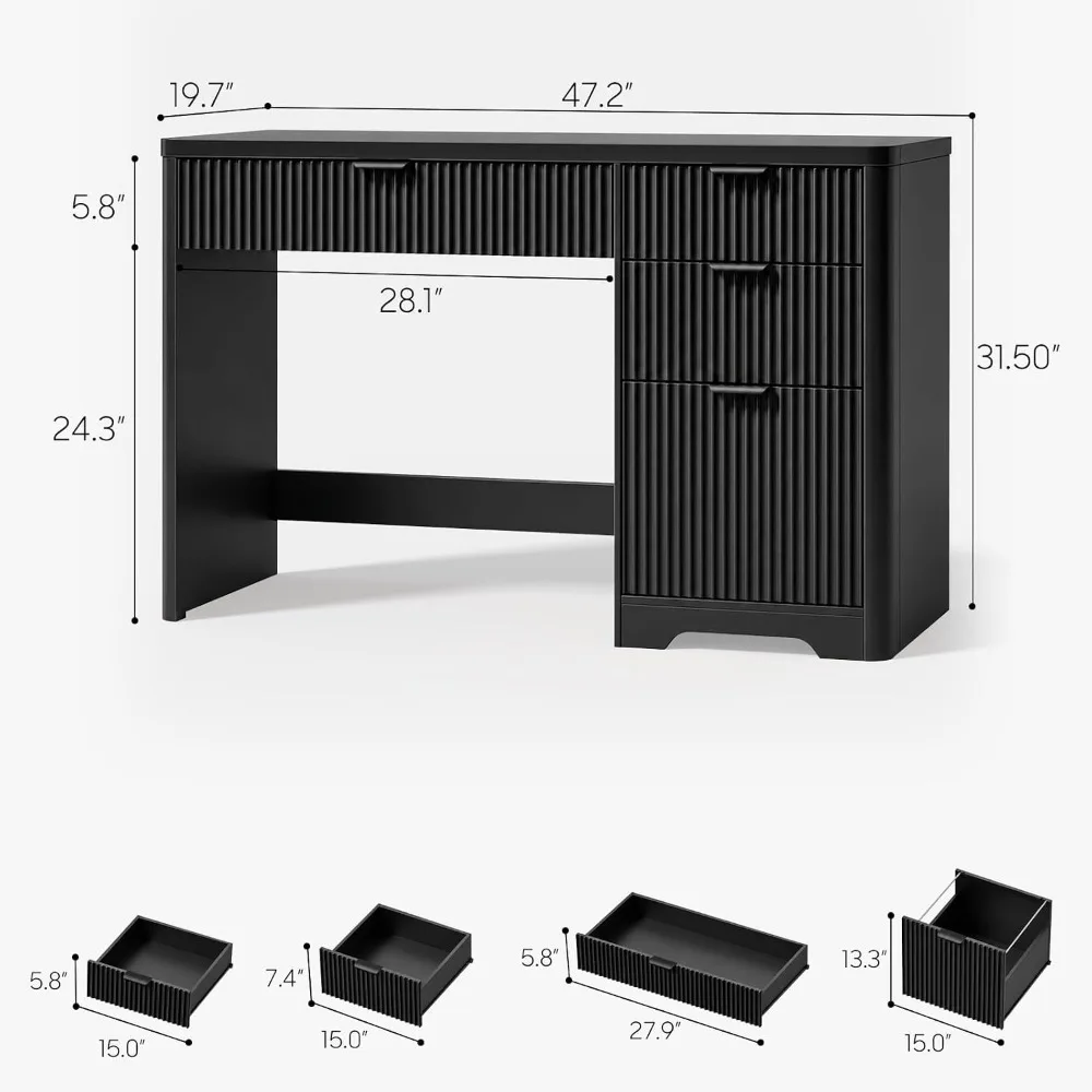 Vabches Exectuive Desk with 4 Fluted Drawers, Pure Black | 47