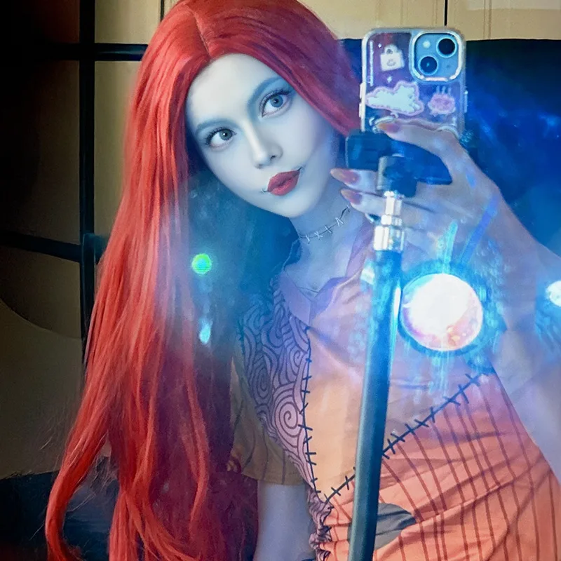 Halloween Christmas Nightmare Before Christmas Sally Anime Wig Medium Parting Long Straight Red Hair