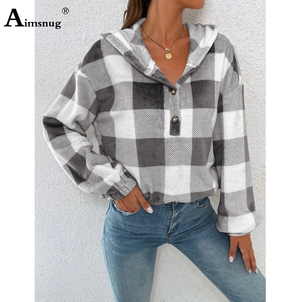 Aimsnug Ladies Fashion Leisure Model Plaid Sweatshirt 2023 New Autumn Casual Retro Top Streetwear Women's Loose Knitted Hoodies