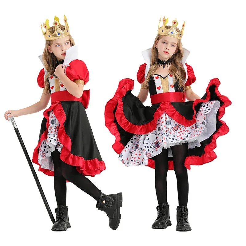 ♥2026-new-kids-girls-the-red-cosplay-alice-in-wonderland-peach-heart-queen-poker-printed-dress-halloween-p-♥♥★