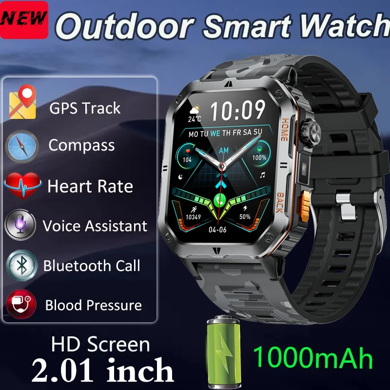 

2025 New Outdoor Sports Men Smart Watch 1000mAh Battery 2.01Inch HD Screen GPS Compass Bluetooth Call 3ATM Waterproof Smartwatch