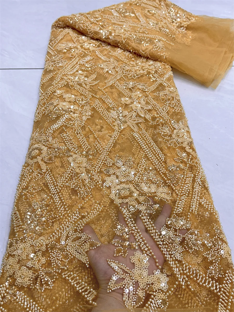 

2024 High Quality African Lace Fabric Sequins Mesh Lace France Luxury Beads 3D Embroidered Tulle Lace Fabric For Sewing