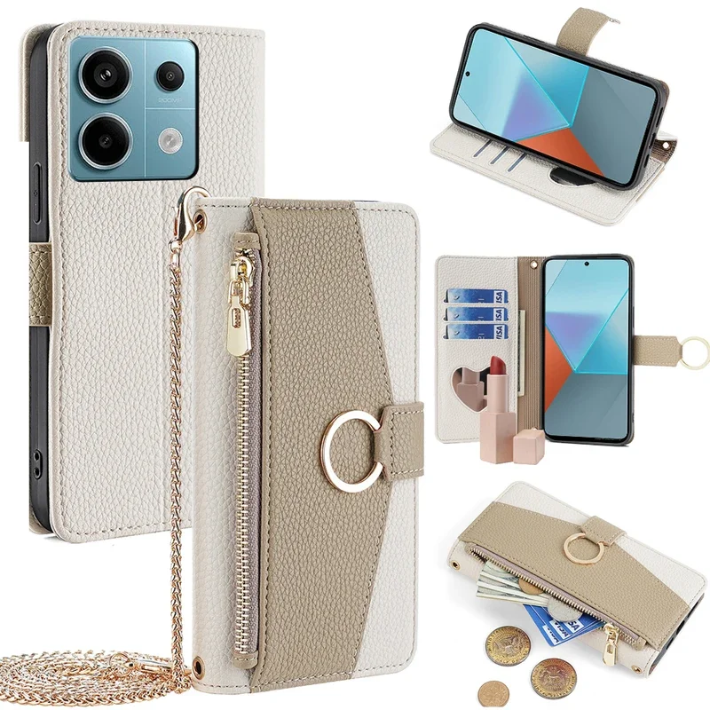 

Чехол для телефона Xiaomi Redmi Note 13 13R Plus 13C 5G Poco X6 M6 Pro, чехол-кошелек через плечо с металлической цепочкой