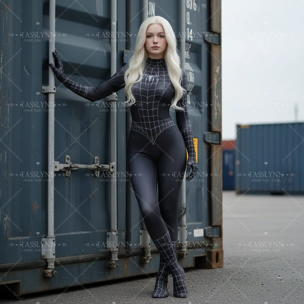Women Symbiote Black Spider Cosplay Bodysuit, White Web Print Curvy Fit Jumpsuit, Superhero Costume for Halloween Comic Con view 5
