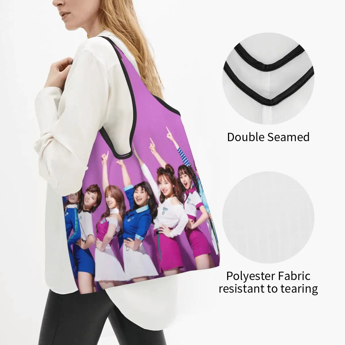 Fun Kpop Singer Twice Girls Portable Tote Shopping Bags Large Capacity Shopper Bag Grocery Handbag Shoulder Bag