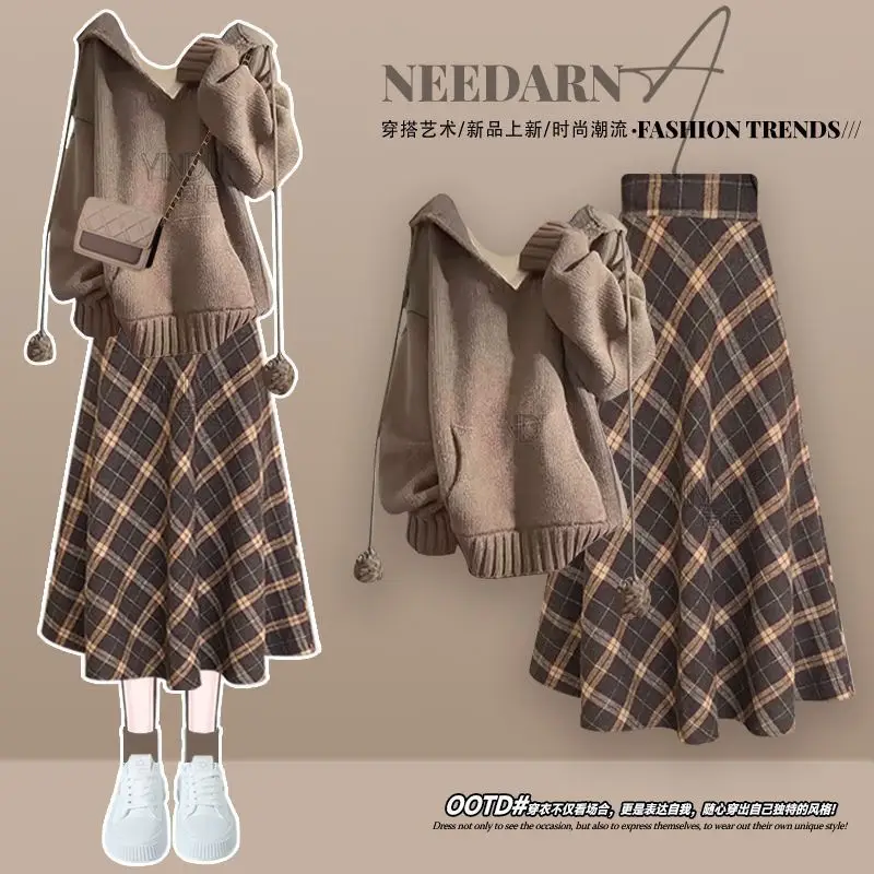 

Fashion Set Women's Autumn and Winter Korean Version Loose Knitted Hooded Sweater+plaid Skirt Two-piece Set