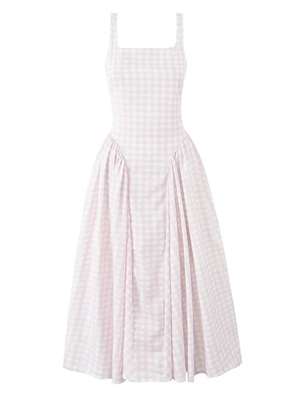 ชุดเดรสสายเดี่ยวผ้าลายสก็อตผูกเชือก ดีไซน์หรูหรา คอเหลี่ยม เอวต่ำ ทรงเอไลน์ ความยาวปานกลาง สำหรับฤดูร้อน งานปาร์ตี้วันหยุด รุ่น F374 ปี 2025