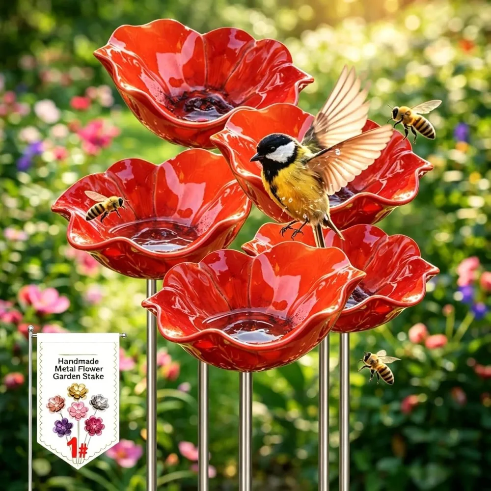 Flower Shaped Bee Watering Station Metal Flower Garden Stake Bird Bath Butterfly Water Feeder Garden Bird Bath Bowls for Outside