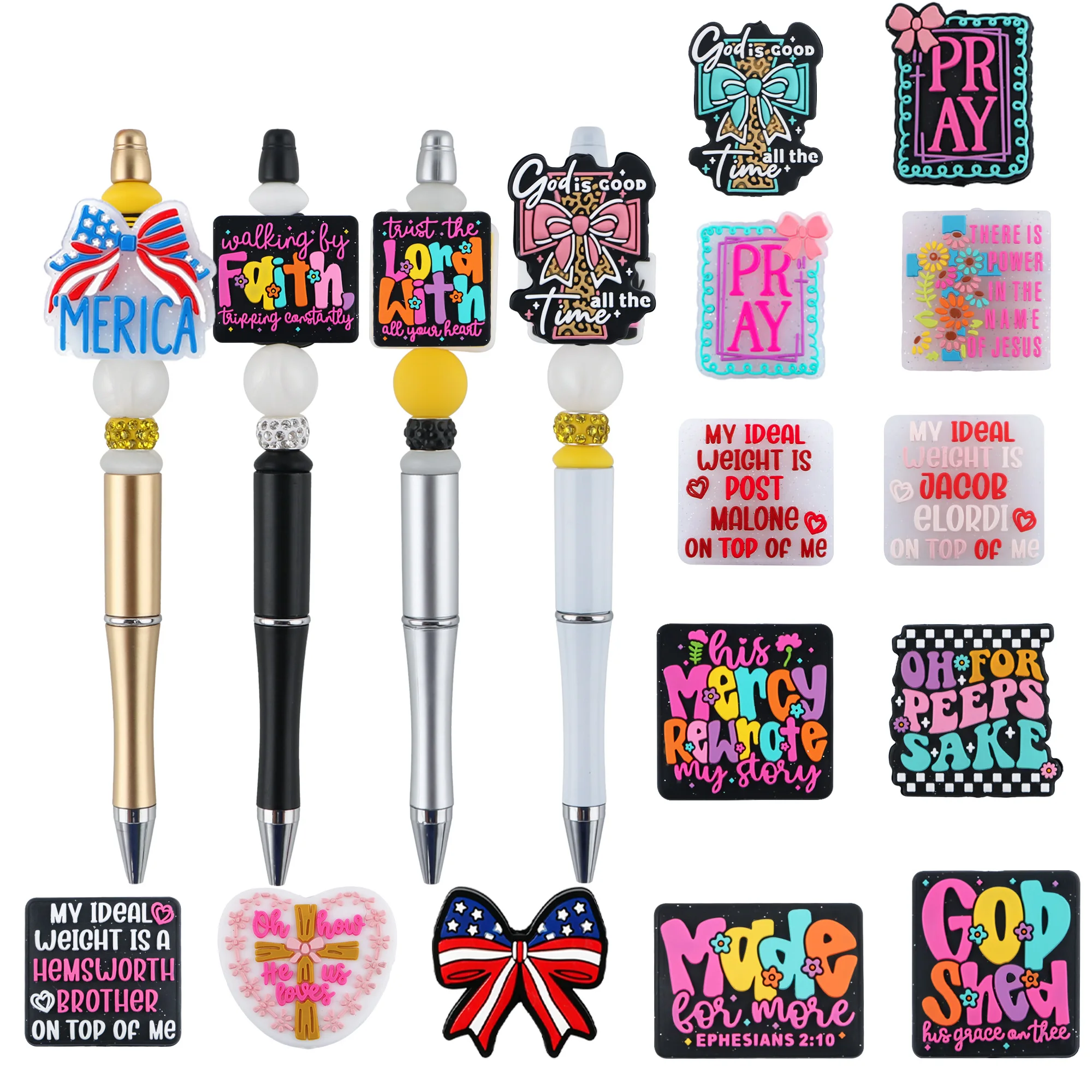 5-10PCS New Text Silicone Focus Beads Word Faith Pray Bow Cross DIY Accessories For Jewelry Making Craft Beaded Pen Pendant