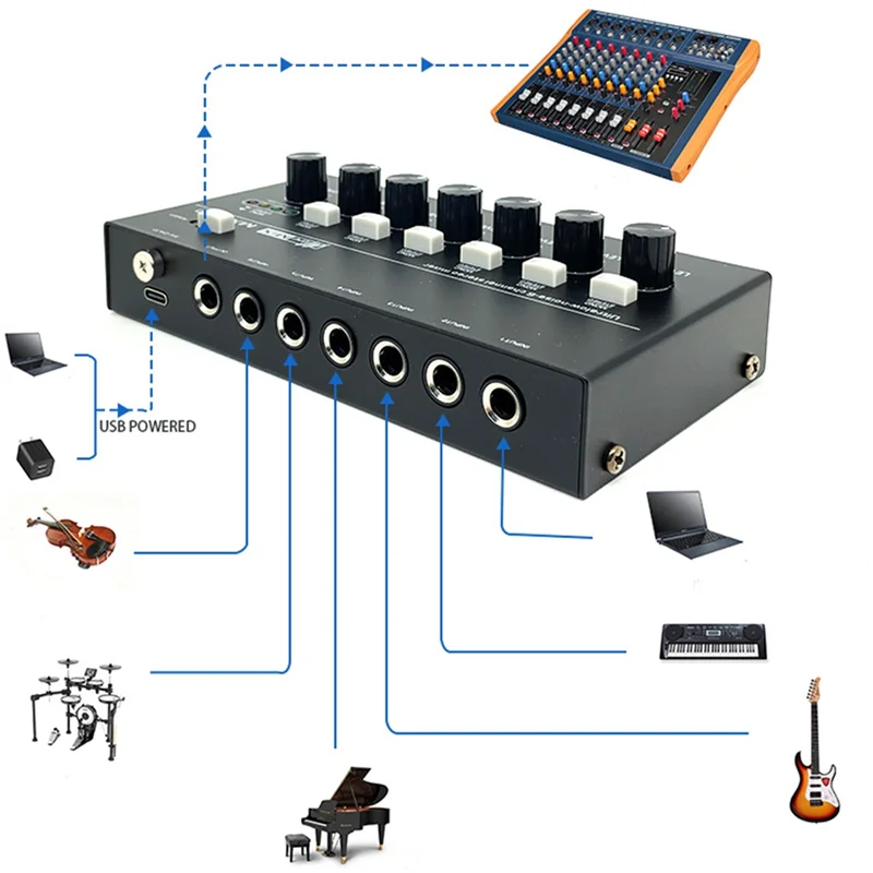 -AT52 Mixer de linha estéreo de baixo ruído de 6 canais Mini Mixer de som profissional Fonte de alimentação DC5V Fácil operação Mixer de audios