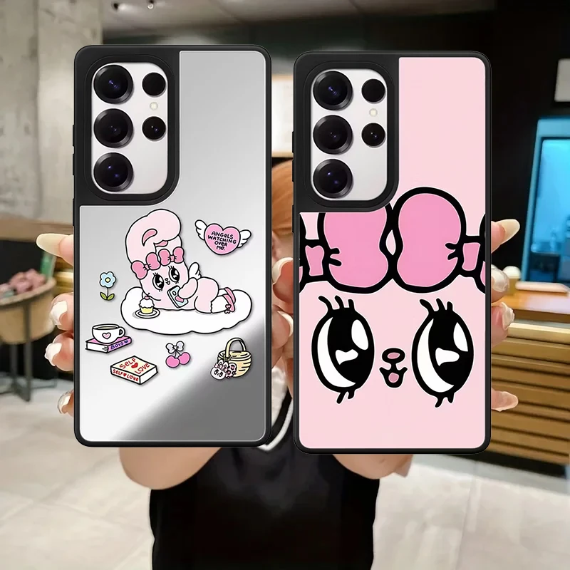 Pink Bowknot Angel Rabbit Cartoon Mirror Surface Magnetic Phone Cover for Samsung Galaxy S23 S24 S25 S26 Ultra S26+ Plus Case
