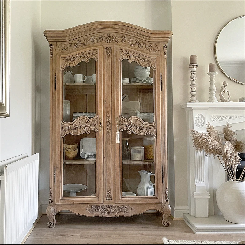 

ls 27 Nordic French American retro old solid wood glass wine cabinet display side cabinet