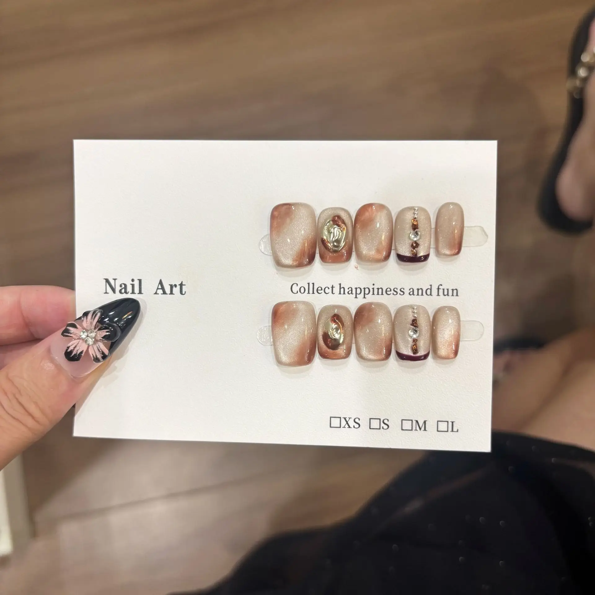 10Pcs Handmade Short French Press On Nails Amber Glitter Glossy Cat Eye Gradients Design Autumn False Nails Wearable Nails Tips