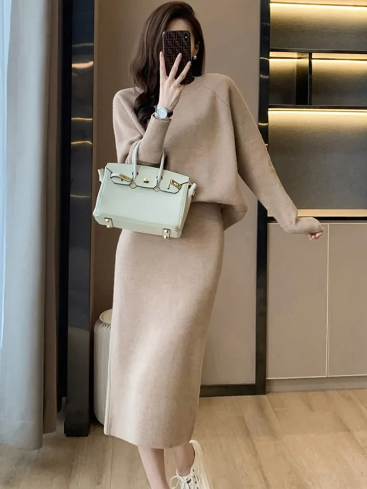 New Elegant Knitted Skirt Set Women Autumn Winter Long Sleeve Casual Loose Pullover Sweater + Slim Skirt Two Piece Sets Runway