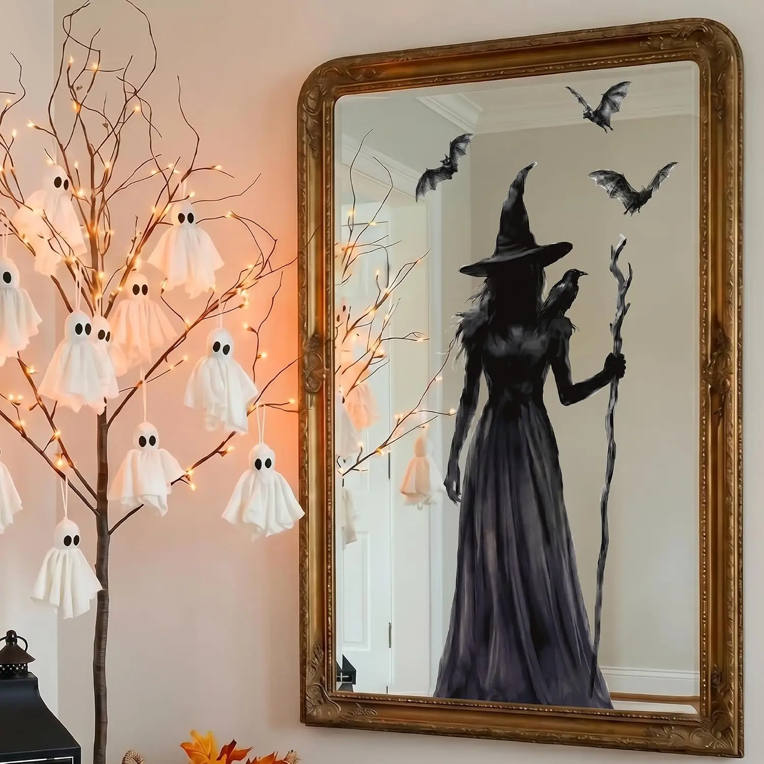 Halloween Window Decals (3-Pack): Large double-sided witch window stickers featuring witch, black cat, and bat designs. These de