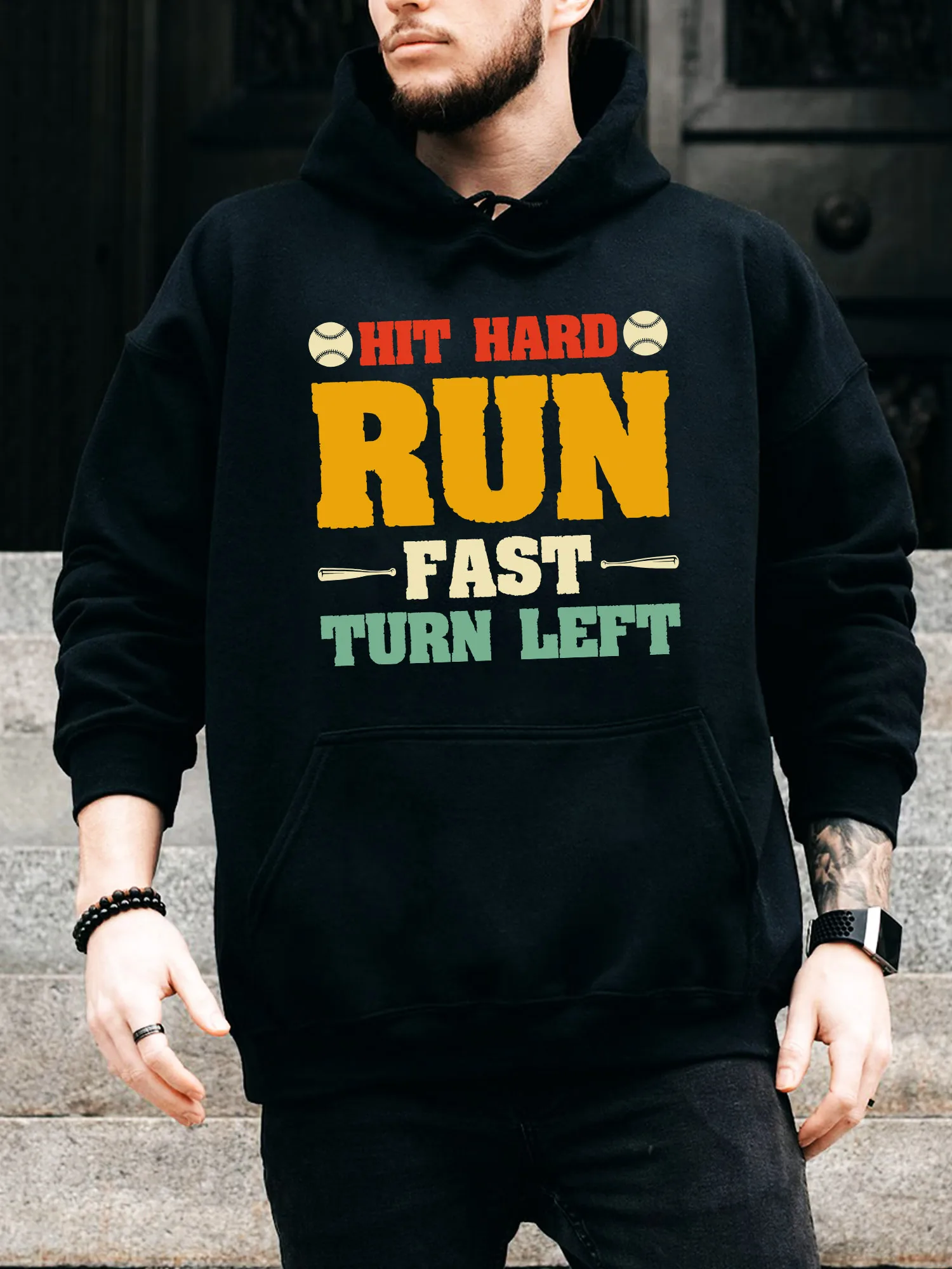

Мужская толстовка с капюшоном на шнурке Hit Hard Run Fast Turn Left — повседневный удобный черный пуловер, осенне-зимняя толстовка с капюшоном