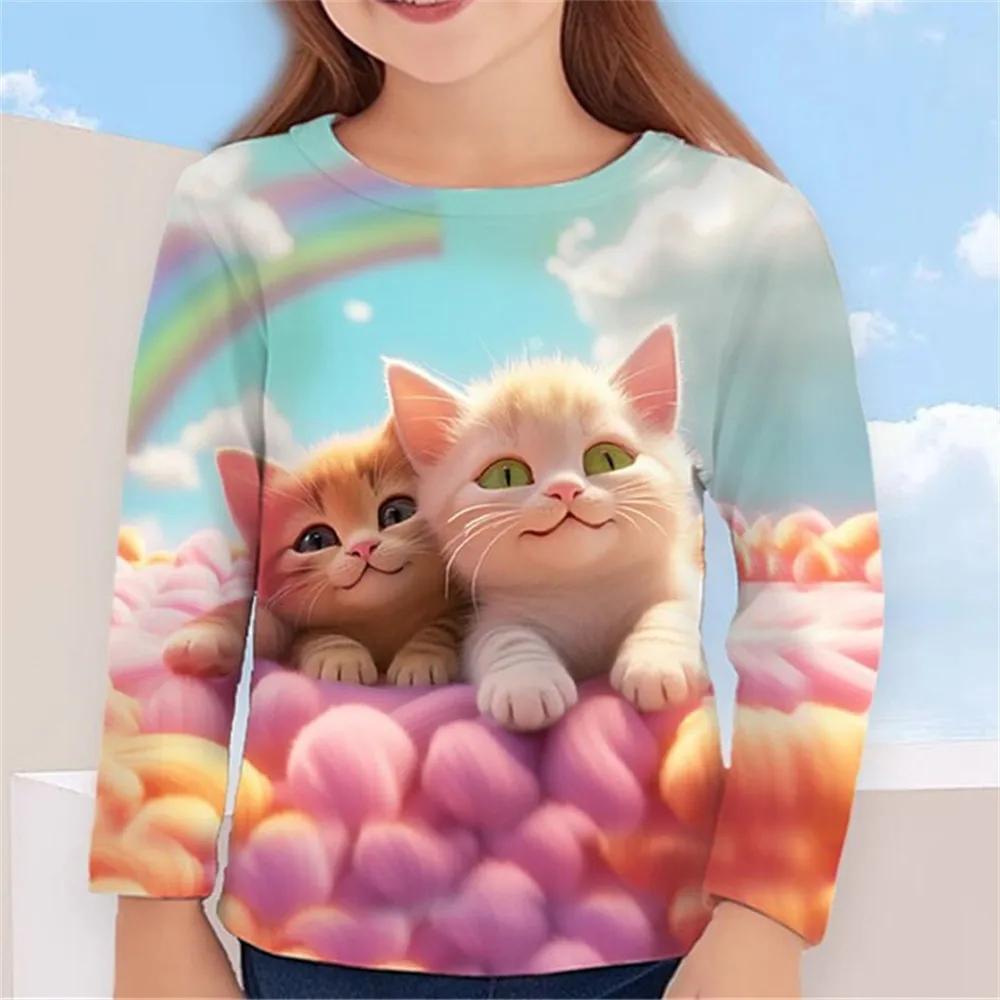 2023 herbst kinder Kleidung Für Mädchen Tier Katze T Shirt Langarm 3d Druck Frühling Kinder 3-12 jahre Kleidung Nette T Tops