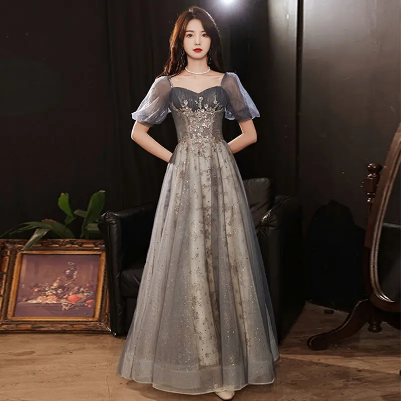 

Mesh Square Collar Young Lady Evening Party Dress Sequins Beads Luxury Qipao A-Line Cheongsam Maxi Dress Vestidos De Festa