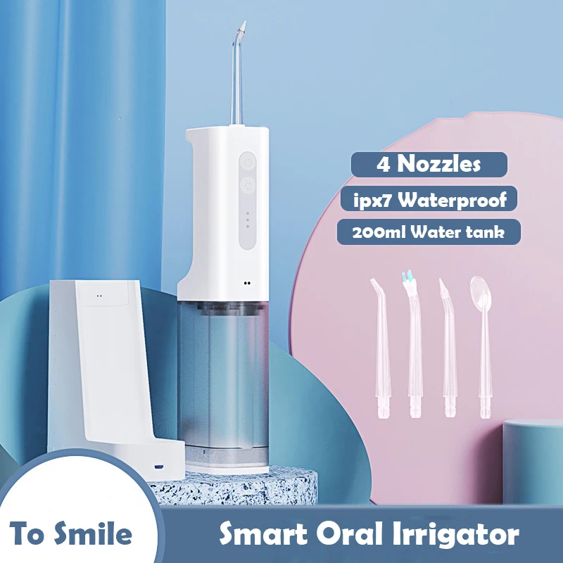 Oral irrigator water flosser 3 Modes portable rechargeable Dental water jet Teeth whitening clean 4 nozzle 200ml Water Tank