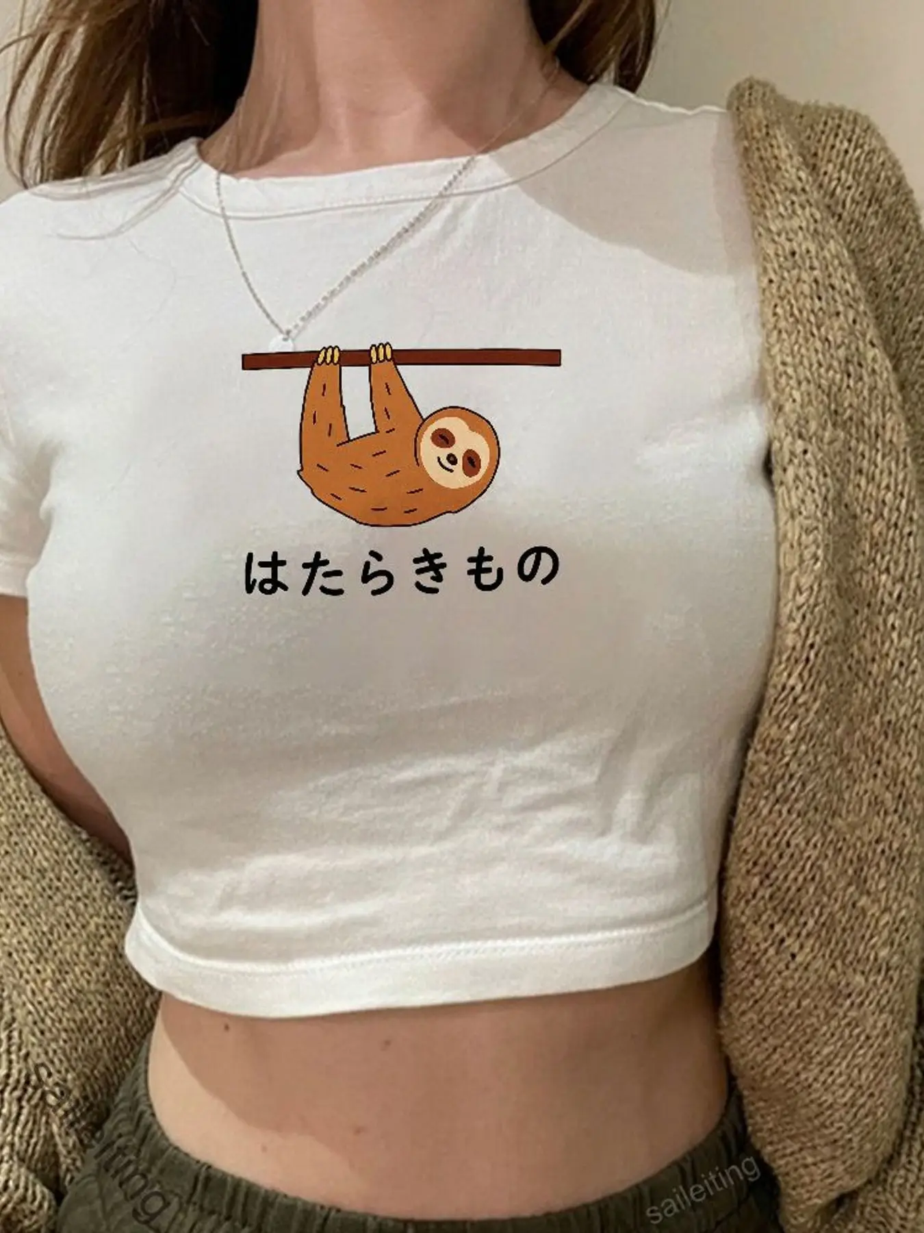 Women's White Short Sleeve Crop Top with Sloth Print and Japanese Text 