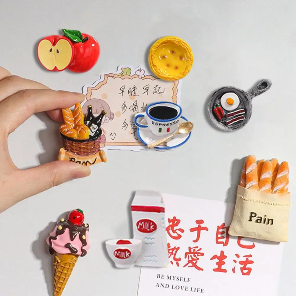 3D Simulated Food Fridge Magnet Resin Cartoon Bread Ice Cream Cone Coffee Milk Fruit Refrigerator Magnet Home Decorations