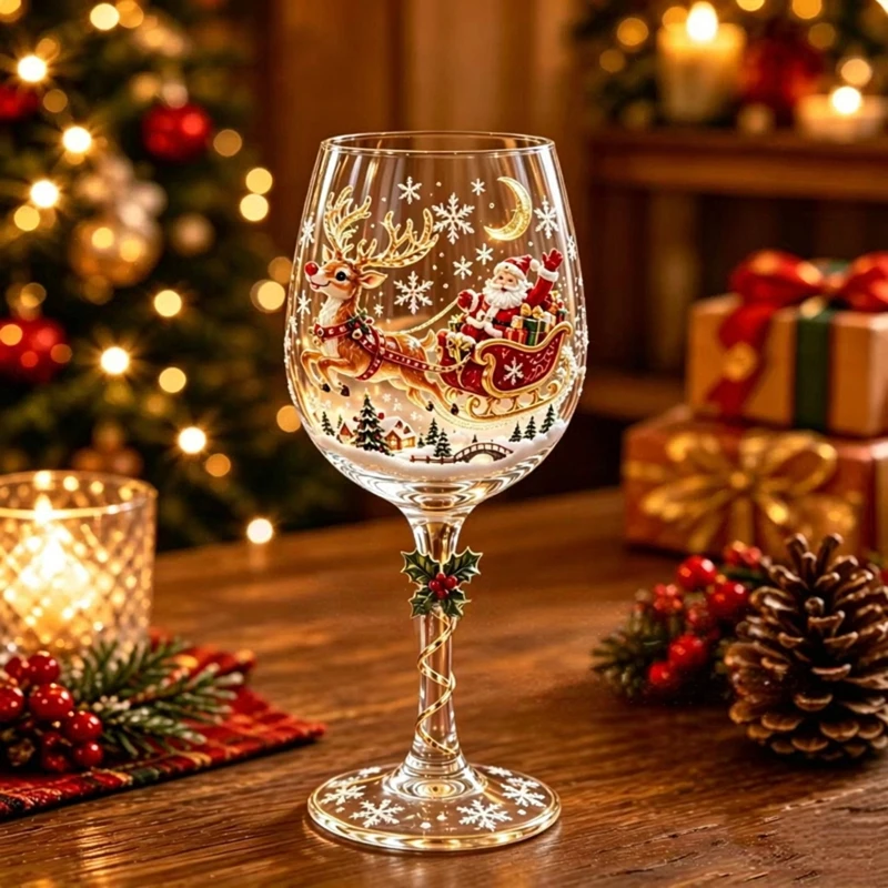 Christmas Glass Art Tall Cup,Luxury Festival Glassware Unique Winter Snowflake Round Santa Snowman Tree Decorative Bottle