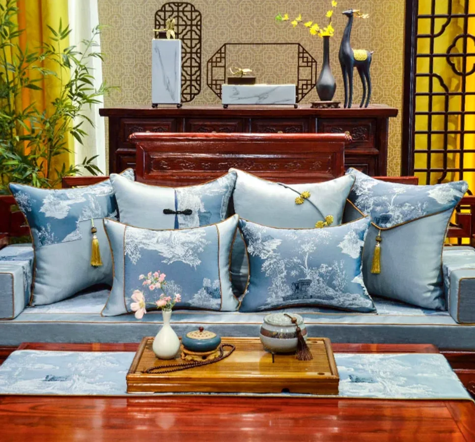 Chinese Style Jacquard Throw Pillow Cover with Tassel Oriental Landscape Decorative Cushion Cover for Solid Wood Sofa Livingroom
