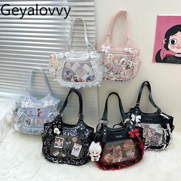 

Japanese Style Fashion Casual Handbags Lace Tote Bag Sweet and Cute Lace Girl Bow Transparent Shoulder Bags for Women