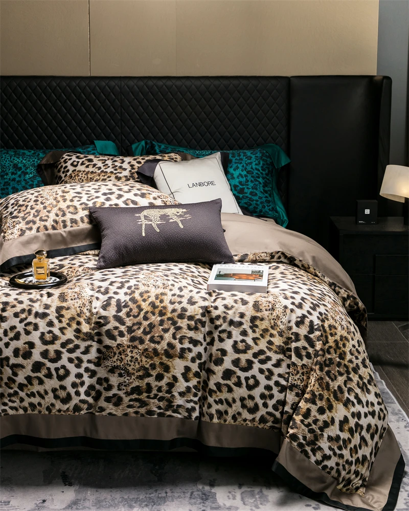 Egyptian Cotton Digital Printing Luxury Bedding Set, Leopard Printed Duvet Cover, Bed Sheet, Pillowcases, Soft Silky Bed Sets