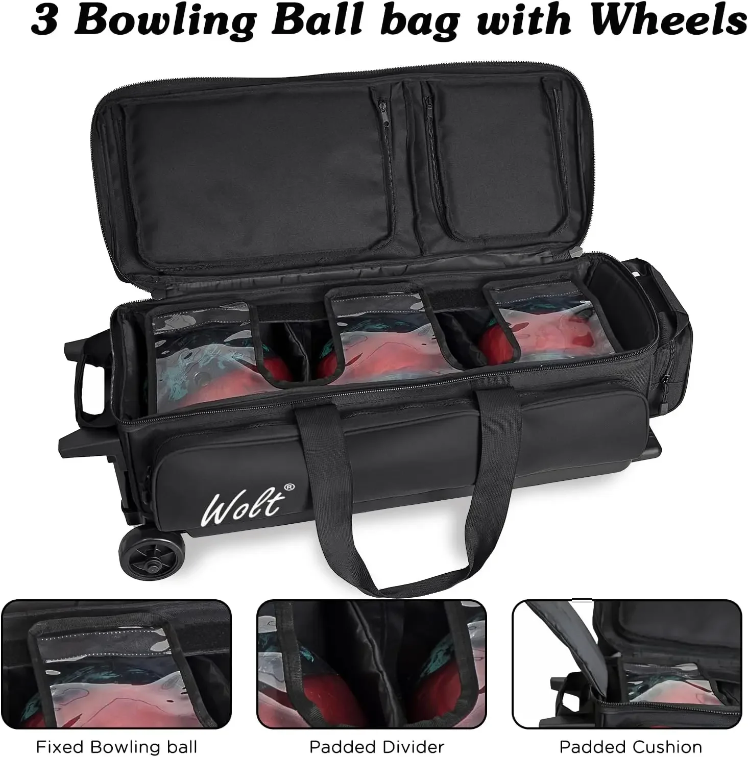 |3 Ball Bowling Bags with Wheels,Bowling Ball Bag 3 Ball Roller with Separate Shoe Compartment and Accessory Pocket, Retract