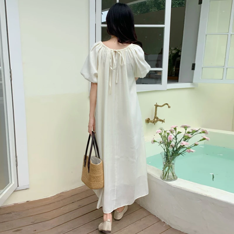 Chic Summer Lazy Sle Women's Loose Casual  Color Bubble Sve Dr Ne Hanging Hollow Design Korean Sle Long Dr