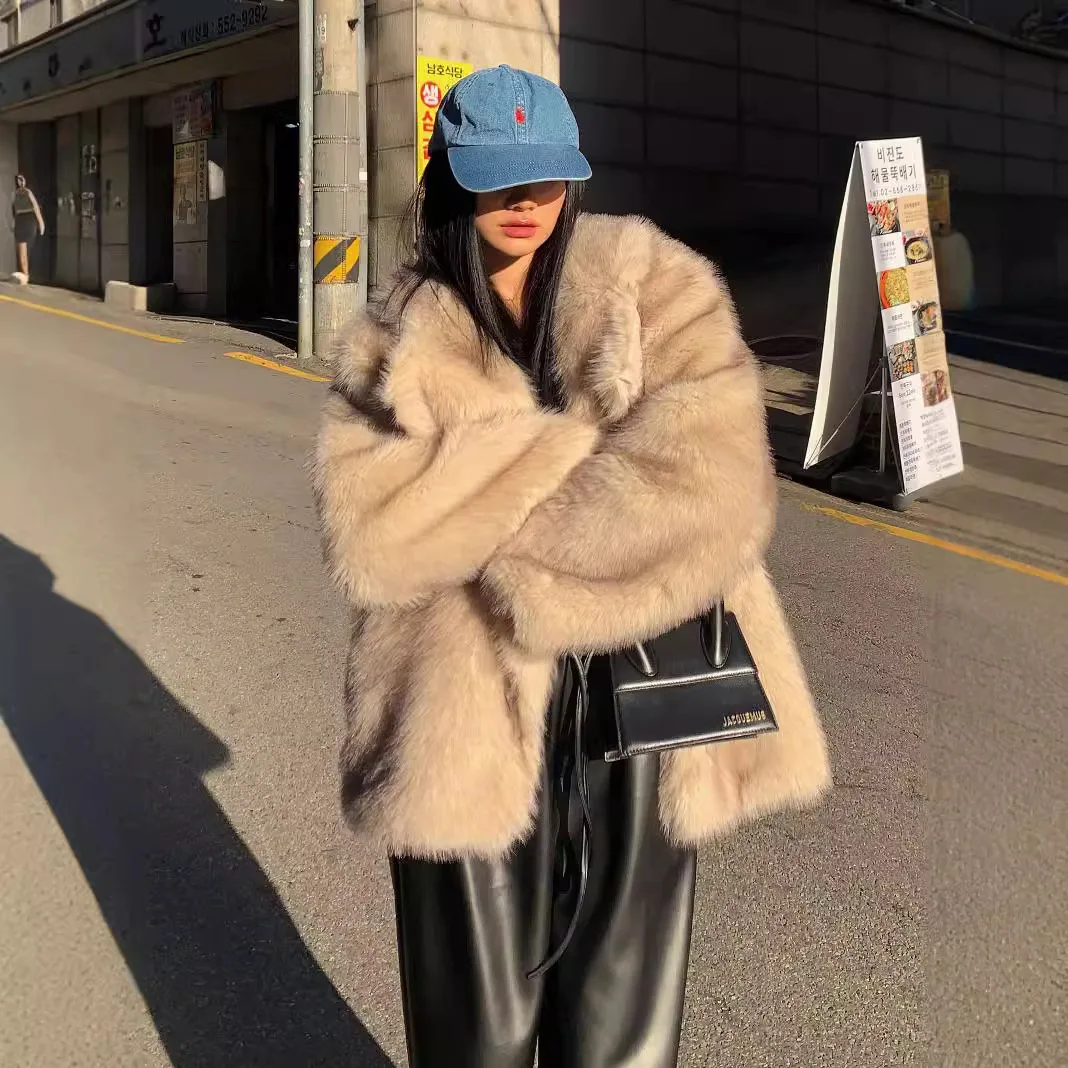 

New European American Trendy Street Breeze Faux Fur Coat Female Autumn Winter Long Fox Fur Coat Loose Soft Fluffy Plush Jacket