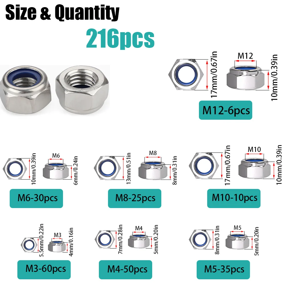 216 Pieces of Stainless Steel Nylon Embedded Anti-Slip and Anti-Loosening Self-Locking Nuts, M3 M4 M5 M6 M8 M10 M12