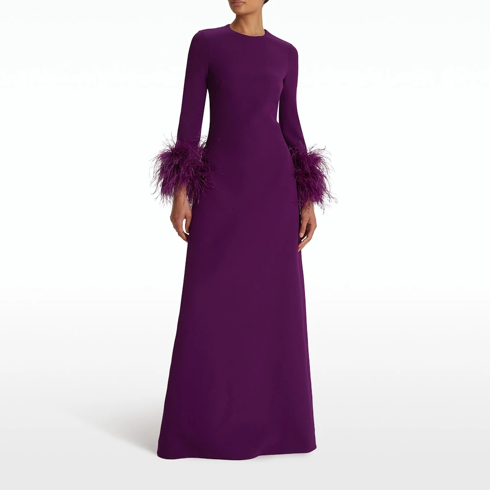 Muloong Currant A-line Gown with Long Sleeves Party Dresses Floor Length A Line Feathers Haute Couture Dress